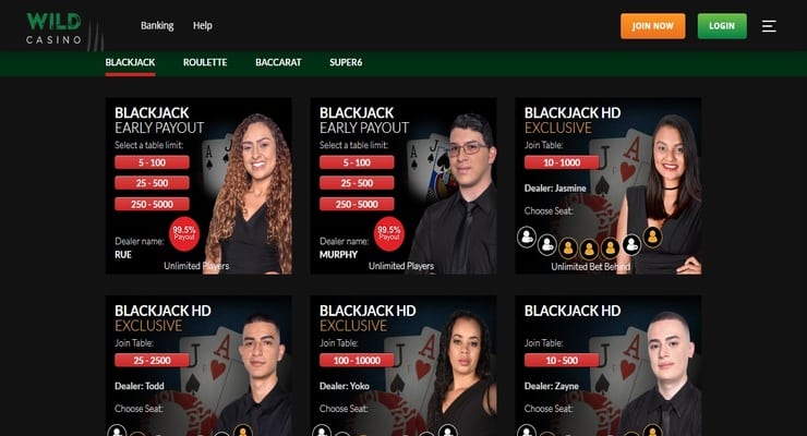 Bitcoin live casino menu at Wild Casino