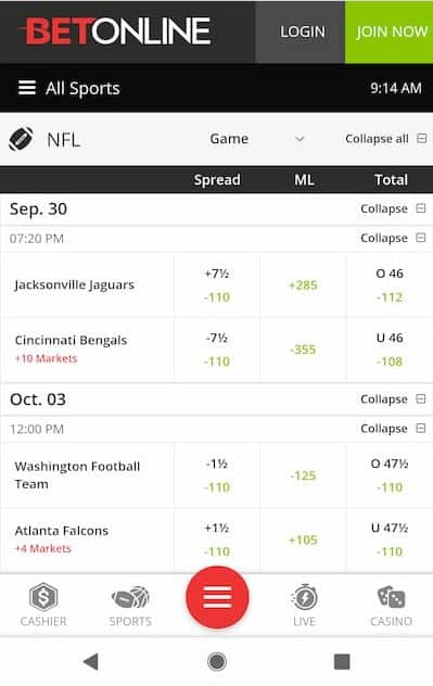 BetOnline Sportsbook Mobile App Lobby
