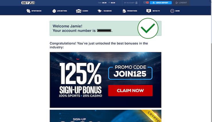 BetUS Sign-Up Confirmation