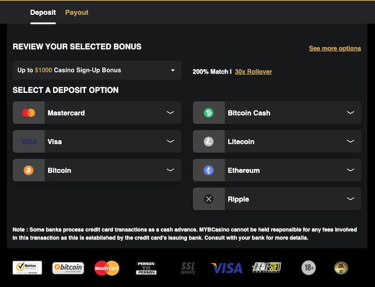MYB Casino Deposit Options