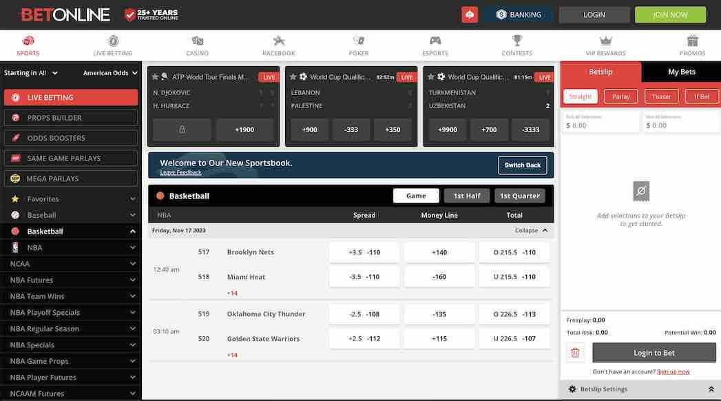 Best sites for sports betting in Kentycky - BetOnline sportsbook basketball page