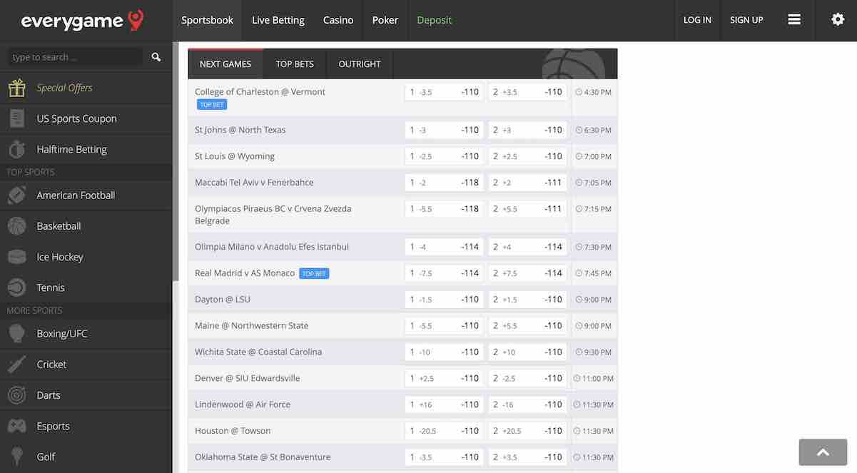 Kentucky online sports betting sites - A screenshot of the Everygame sportsbook basketball page