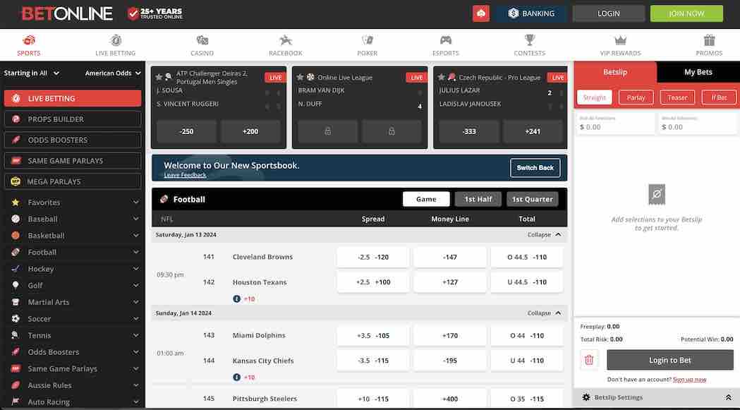 A screenshot of the BetOnline sportsbook homepage